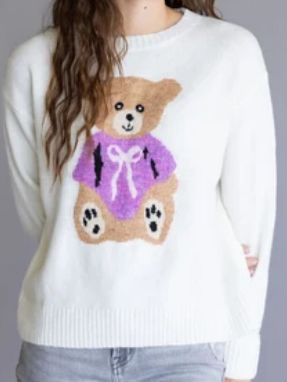 Simply Southern Anastasia Sweater With Teddy Bear NWT Large Ivory Super Soft